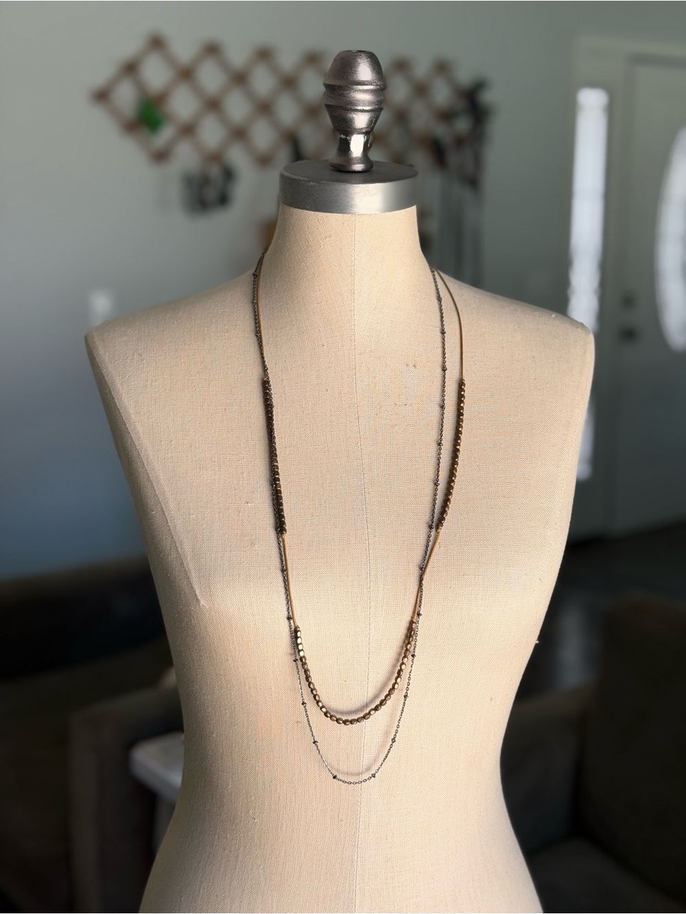 LOFT Boho Layered Long Strand Necklace Bronze Metallic Beads & Gunmetal Chain